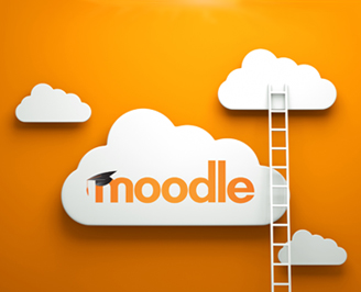 Illustration of Moodle logo among clouds on an orange background