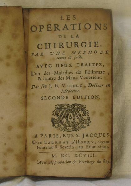 Title page from Les operations de la chirurgie,... Avec deux traitez,... et l'autre des maux veneriens http://eleanor.lib.gla.ac.uk/record=b1777231
