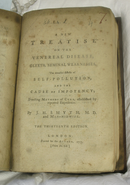 Title page of A new treatise on the venereal disease, gleets, seminal weaknesses, the dreadful effects of self-pollution, and the cause of impotency http://eleanor.lib.gla.ac.uk/record=b1782085