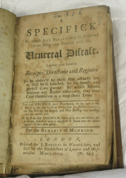 Title page of A specifick by which any person may be preserved from being ever infected with the venereal disease. http://eleanor.lib.gla.ac.uk/record=b1783265