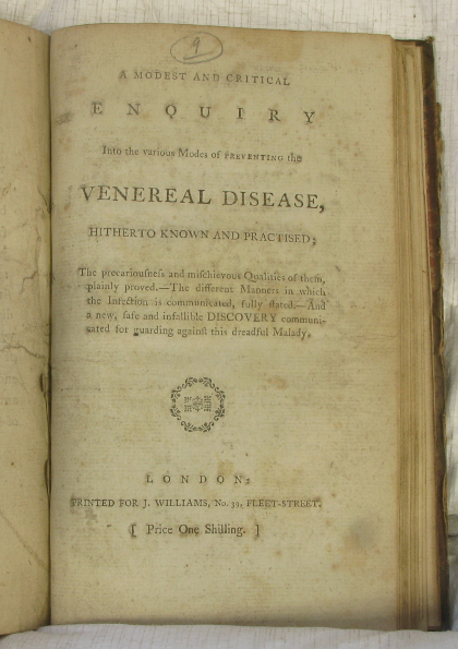 Title page of A modest and critical enquiry into the various modes of preventing the venereal disease, hitherto known and practised http://eleanor.lib.gla.ac.uk/record=b2726401
