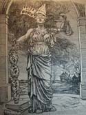 A print of the image of Justice holding a set of scales in one hand, a sword in the other wrapped in the words 
