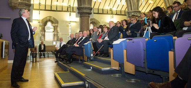 Image of Gordon Brown delivering his April 2015 speech at his honorary degree ceremony