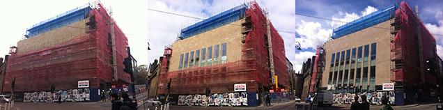 The scaffolding on the Stevenson building coming down