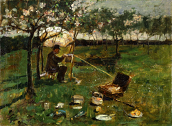 A man painting at an easel under a tree.