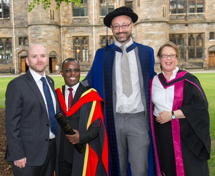 Scott Cuthbertson (Equality Network); Dr Frank Mugisha DUniv (Sexual Minorities Uganda); Dr Matthew Waites (Sociology); Professor Deirdre Heddon (Dean of Scottish Graduate School for Arts & Humanities)  