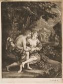 Classical style print depicting a man and a woman in the foreground of a rural setting.The man is wearing a bagpipe or similar instrument across his body, the bagpipe hanging down his back