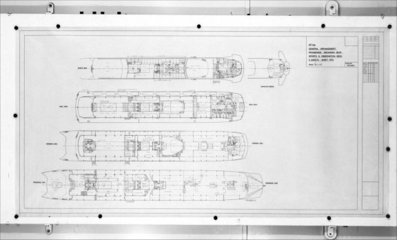 On the drawing board - the general arrangement plan for the promenade, verandah, boat, sports and observation deck.