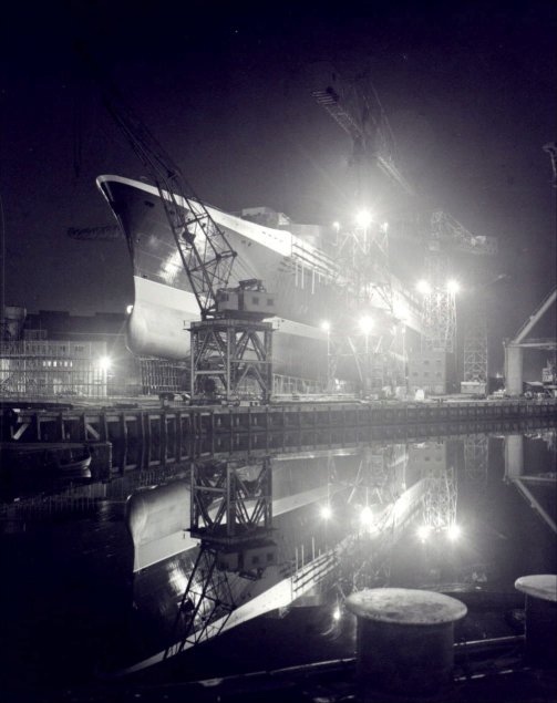 Evening shot of the ship in the yard.