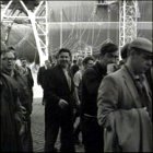 Workers leaving the yard at the end of the shift.