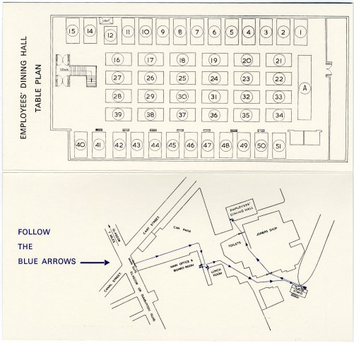 Directions to the launch and the employees' dining hall table plan.