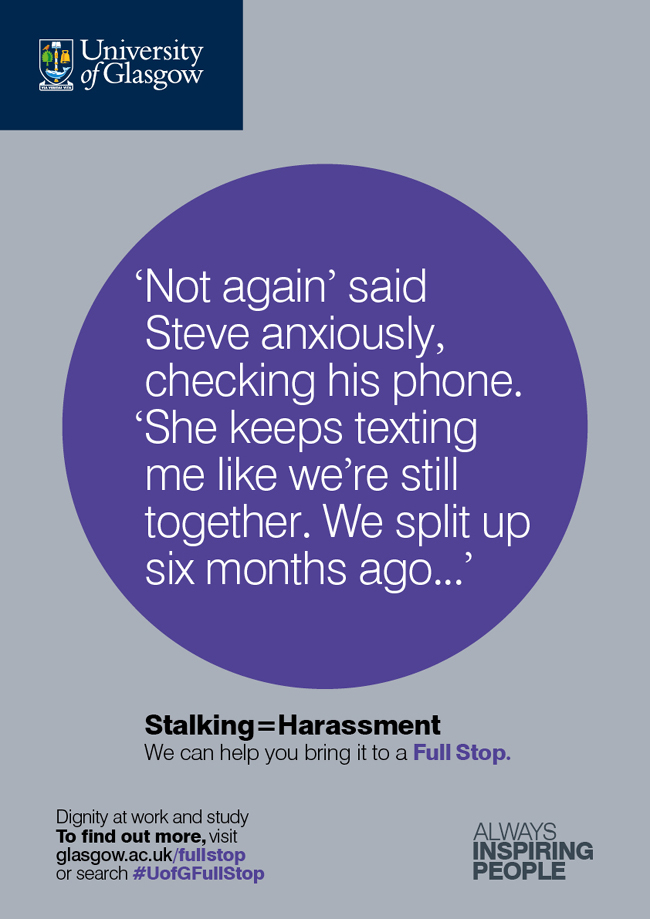 FullStop poster saying stalking equals harassment