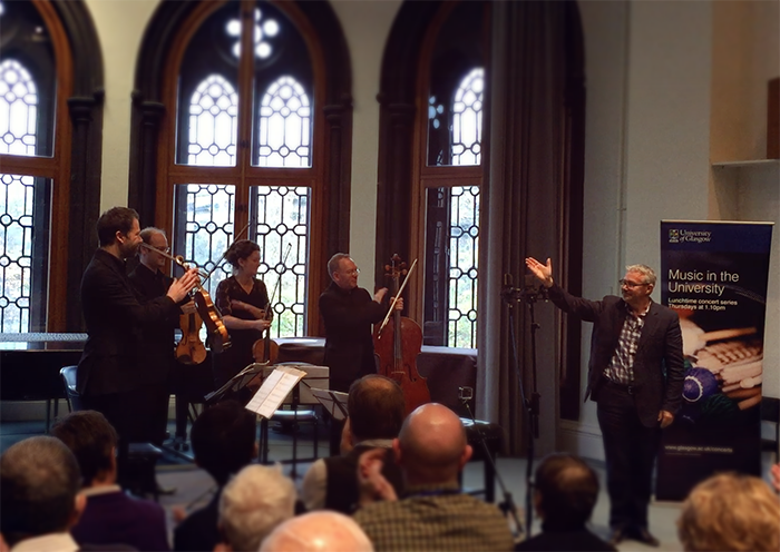 Composer Alasdair Nicolson congratulates The Edinburgh Quartet following the premiere of Slanting Rain