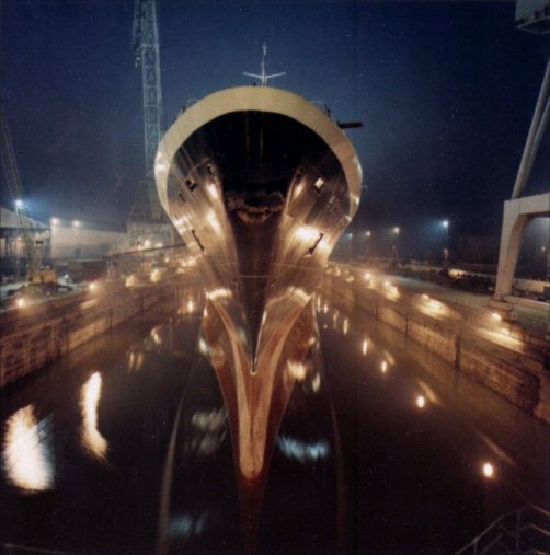 The beauty of a well designed ship, the QE2 at night.