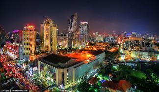 Ariel view downtown Bangkok city lights