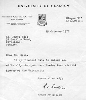 Letter confirming Jimmy Reid as rector