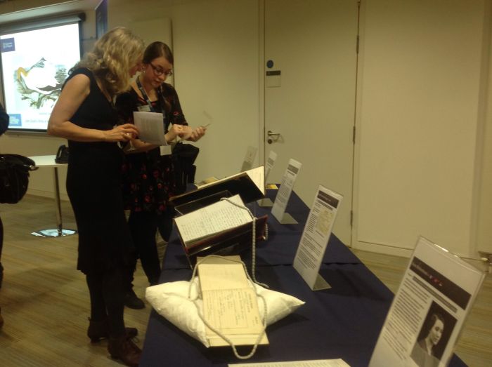 Prof. Lynn Abrams (Acting Head of School of Humanities) and Rachael Egan (Archives Services) with display of materials about Melbourne University drawn from GU’s archives