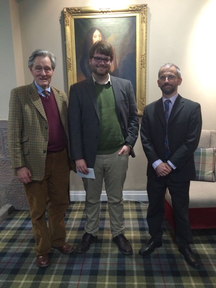 Craig Stanford (centre), with the Duke of Montrose (left) and supervisor Dr Stephen Harrison (right)