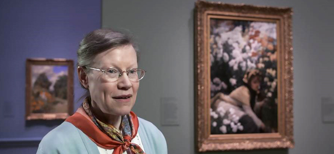 Image of Professor Clare Willsdon being interviewed at Painting the Modern Garden: Monet to Matisse, Royal Academy of Arts, London, for the forthcoming film by Exhibition on Screen (photo courtesy of Exhibition on Screen and Seventh Art Productions)