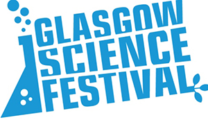 Glasgow Science Festival logo: blue lettering with a bubbling flask