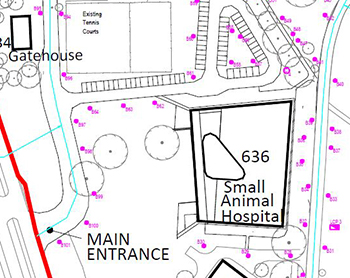 A section from the lighting engineers' plan, showing positions of lights on Garscube campus