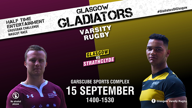 Image of rugby flyer for the 15 September 2016 game, UofG versus Strathclyde