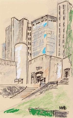 Image: Marek H Dominiczak, View across University Avenue (detail), Indian ink and coloured pencils on paper, 24.3 cm x 12 cm (2014)