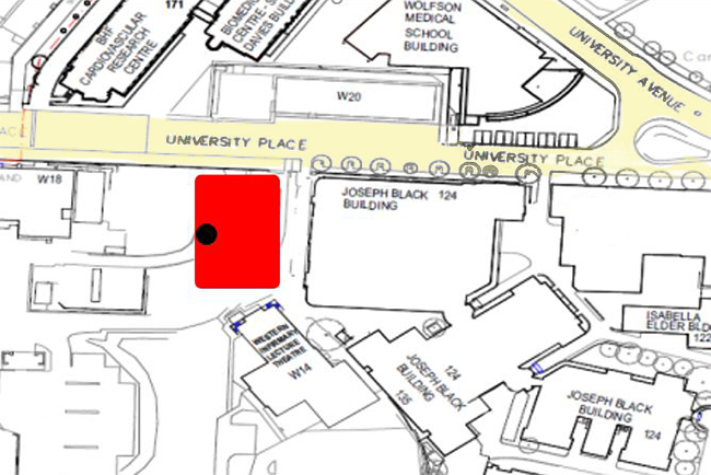 A simplified map showing the location of Maths & Stats building site