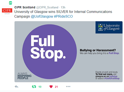 Image of a CIPR tweet naming the FullStop campaign a silver award winner.