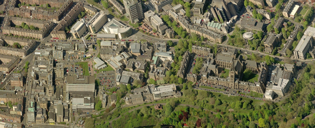 Aerial shot of Gilmorehill Campus and the Western Infirmary site - summer 2016