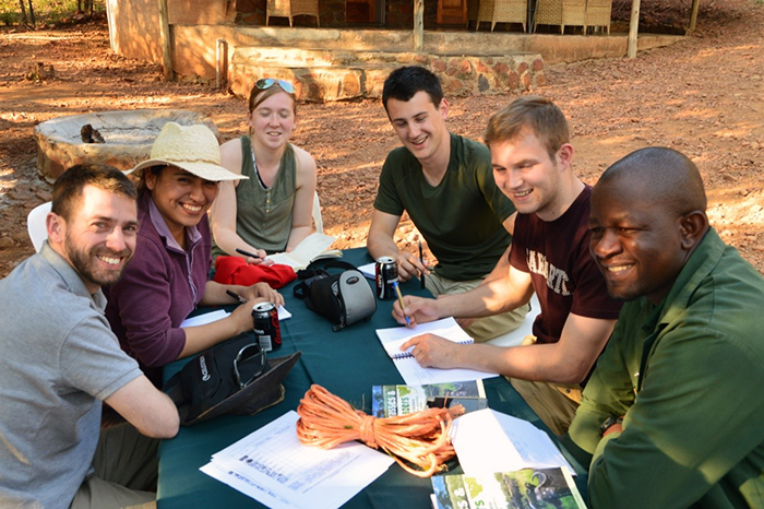 Students working on plant identification and habitat assessment as part of the BIOL5272 Wildlife and Livestock Management Field Exercises course at Mokolodi Nature Reserve in June 2016. Mmolotis Muller Dikolobe on right.