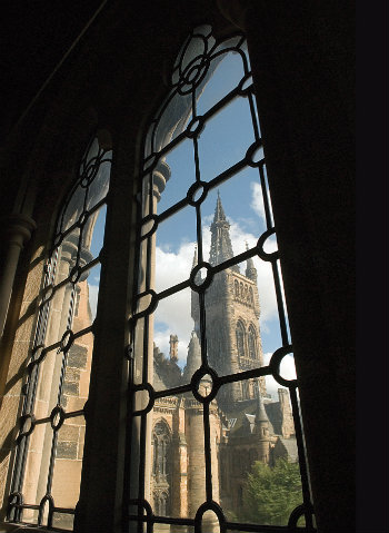 Image of University tower through a window