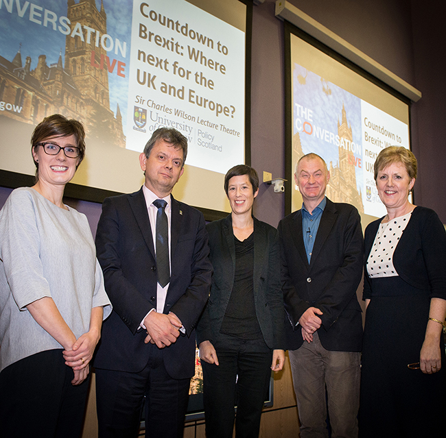 Image of the panel at the Conversation event in November 2016. Dr Maria Fletcher, Professor Anton Muscatelli, Dr Uta Staiger, Dr James Rodgers (Chair) and Professor Andrea Nolan.