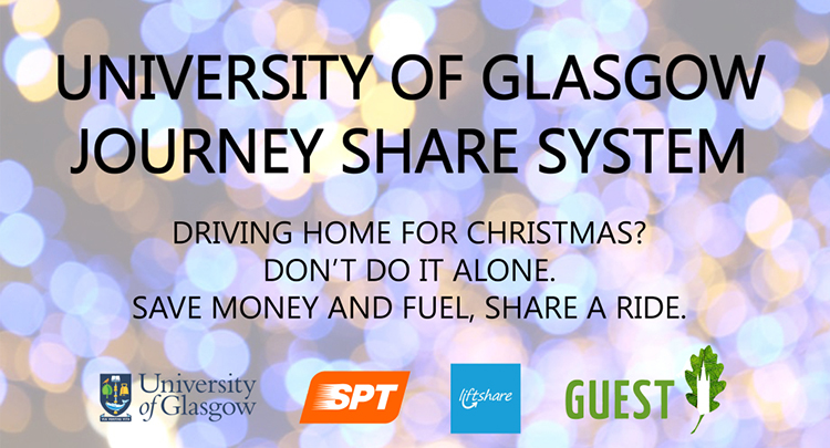 UofG JourneyShare System: driving home for Christmas? Don't do it alone. Save money and fuel, share a ride.