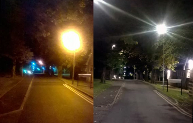 Roadway lighting looking east from Tennis Court Pavilion to Mini-Roundabout.