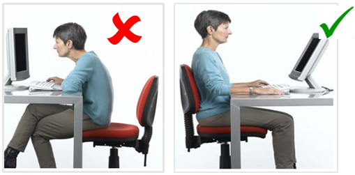 Two images illustrating bad and good posture at a computer workstation