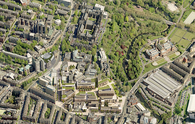 Image of an aerial impression of the new University campus on the Western Infirmary site - impression courtesy Aecom and 7N Architects