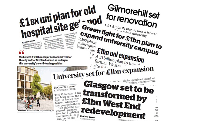 Image of newspaper headlines reporting the approval of the UofG campus masterplan