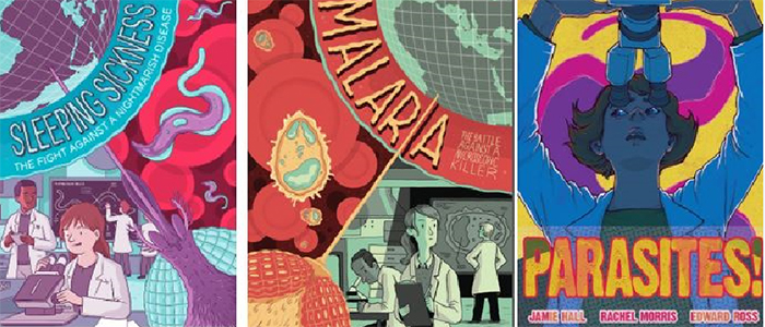 Image of comic covers from the Wellcome Centre for Molecular Parasitology (WCMP)