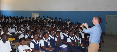 Prof Paul Garside in Malawi, delivering a careers talk on 