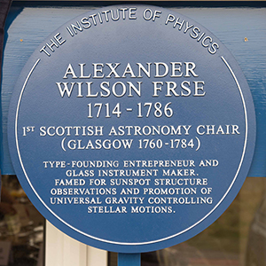 Image of the blue plaque honouring Alexander Wilson the Scottish astronomer