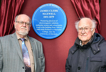 Professor John C Brown and Peter Higgs (of the Higgs Boson) unveil the JC Maxwell plaque at Marischal College, Aberdeen, March 2017 