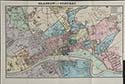 an arial map of glasgow with coloured sections highlighting areas where disease or ill health were most prolific