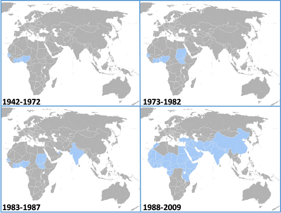 The rapid global spread of peste des petits ruminants virus (PPRV), from 1942 to the present day. Once restricted to West Africa, the virus now infects animals across Africa and the Middles East, Turkey, India and China.