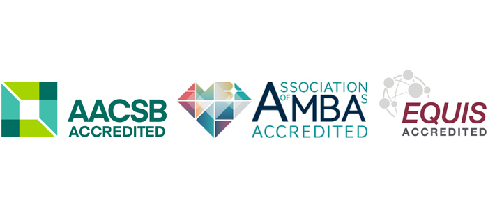 An image with three accreditation logos - AMBA, EQUIS and AACSB