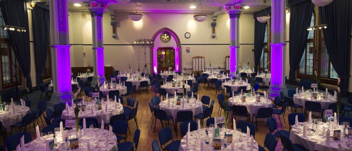 A wedding reception set up in the Hunter Halls