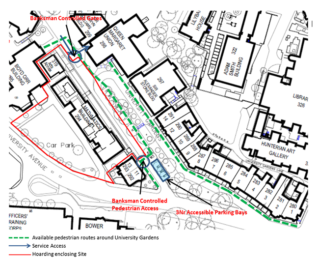 Image of map showing parking and access restrictions to University Gardens July 2017 (until late October)