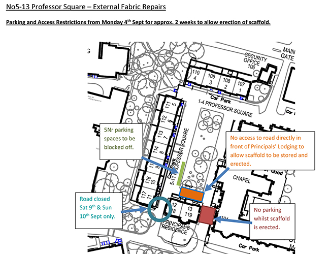 Detail of parking restrictions in Professors' Square - September 2017