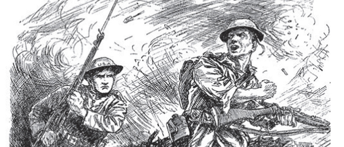 Image of part of a US poster from World War One with the words: America to the Front