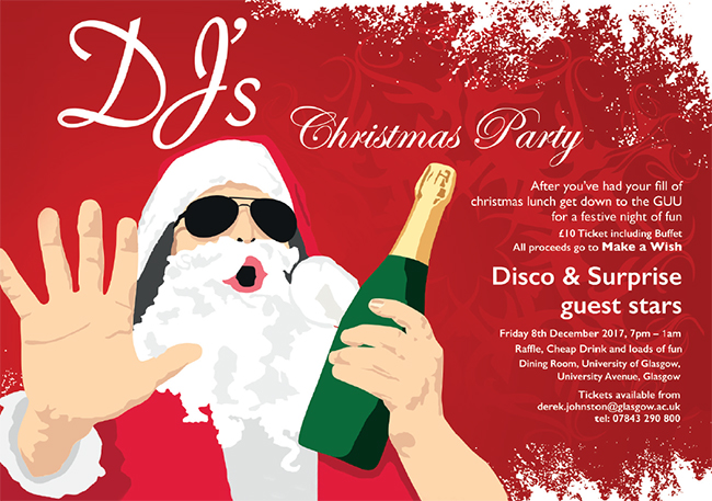 Image of the invitation card and branding from the 2017 DJ Christmas Party